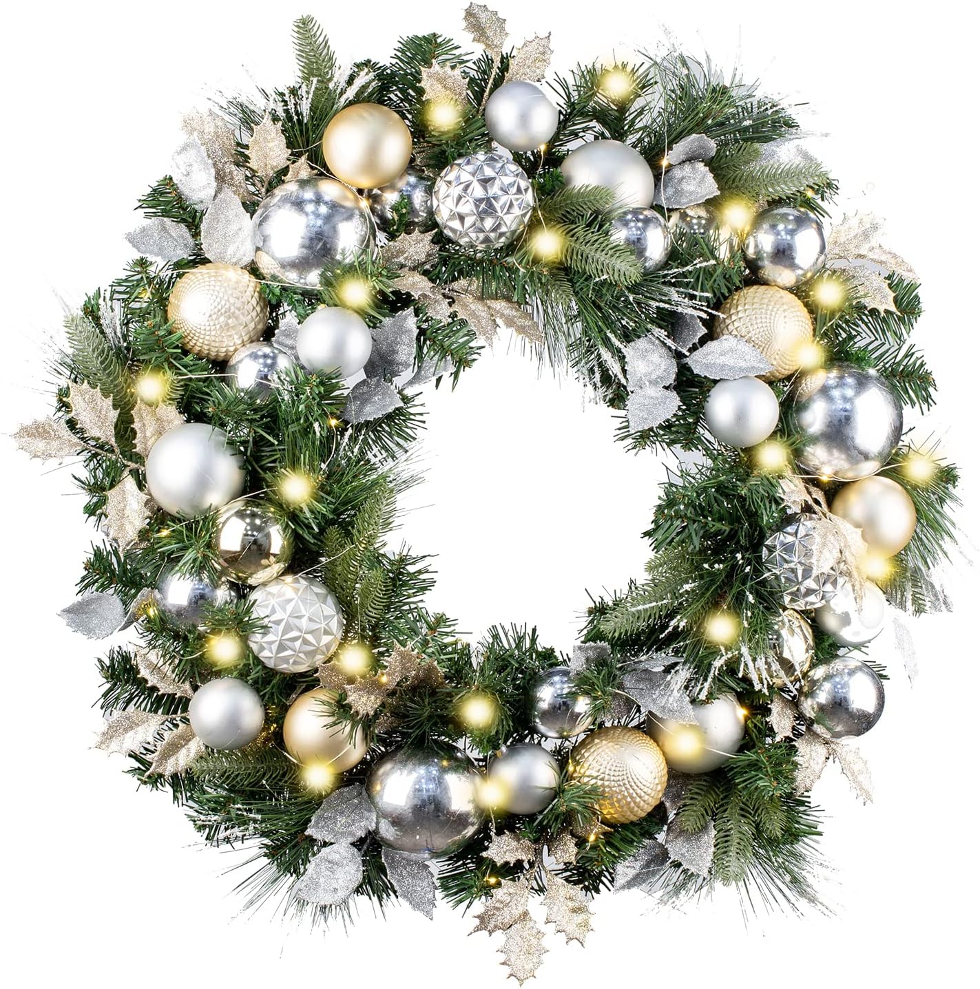 Pre-Lit 30 Inch Large Christmas Wreath for Front Door with 50 Led Lights,Champagne Gold Lighted Christmas Door Wreath Decor with Ball Ornaments, Battery Operated