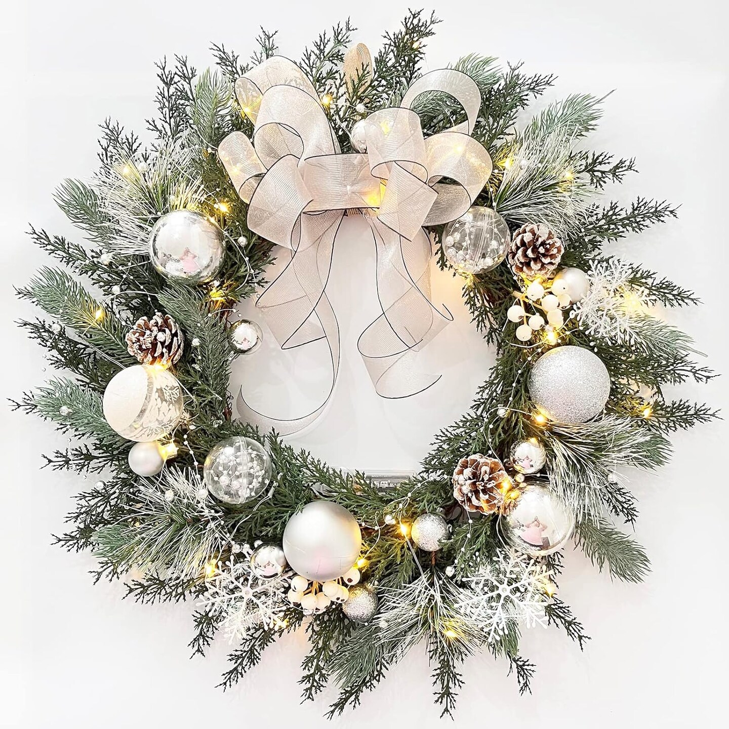 Prelit Christmas Wreath with White Bow and Ball Ornaments