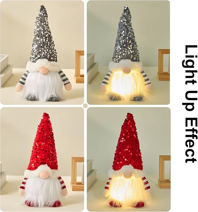 3PCS Gnome Christmas Decorations -12 Inch Light Up Christmas Gnomes Plush Doll Ornaments Glitter Sequins Swedish Hat Leprechaun Dwarf Gift Home Table Decor