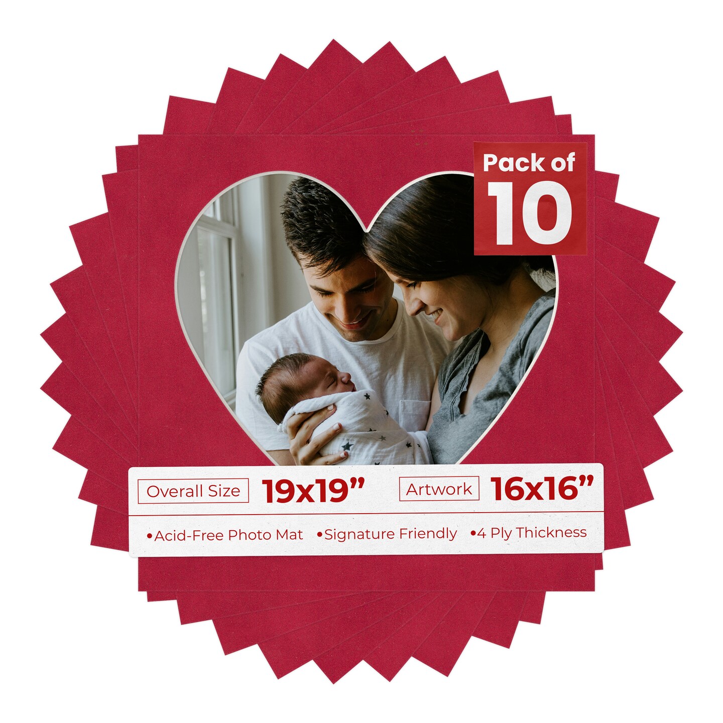 Red Suede Mat Board for 19x19 Frames - Heart Opening for 16x16 Photos