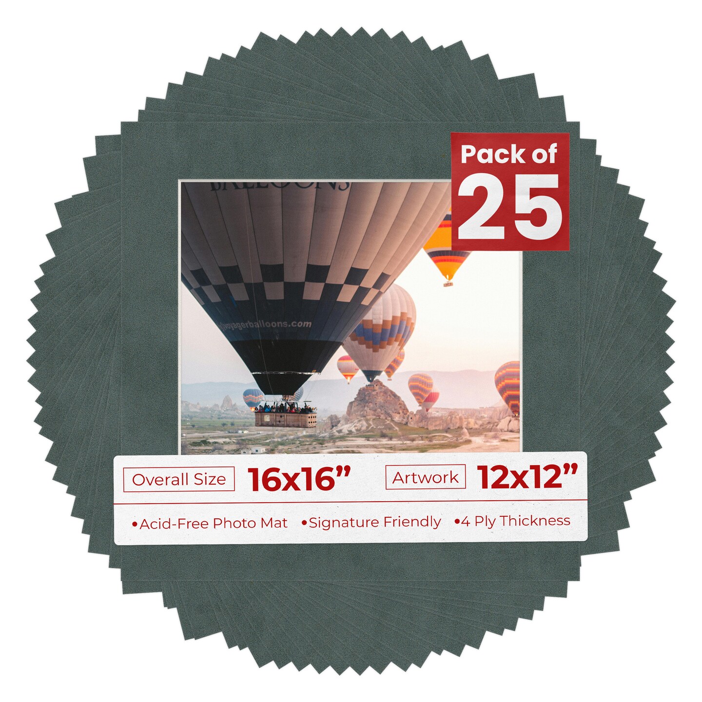 Dark Grey Suede Mat Board for 16x16 Frames - Fits 12x12 Photos
