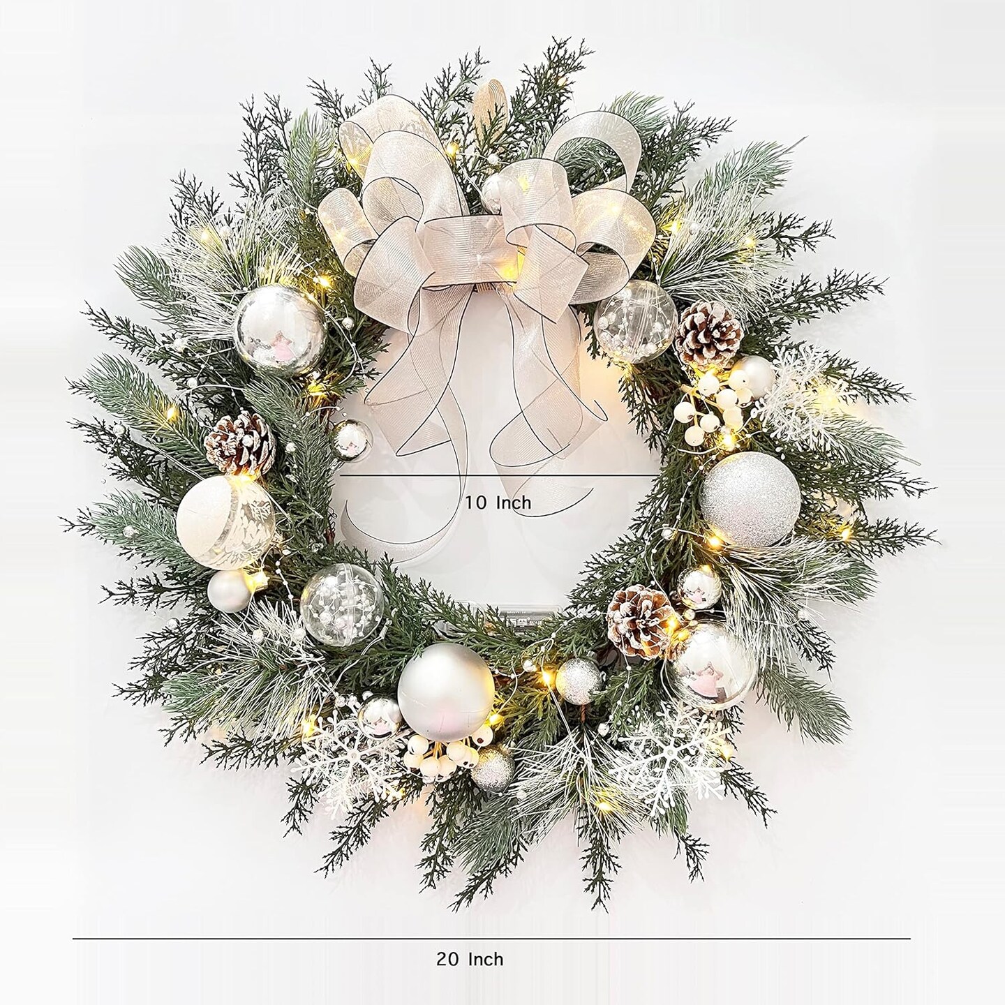 Prelit Christmas Wreath with White Bow and Ball Ornaments