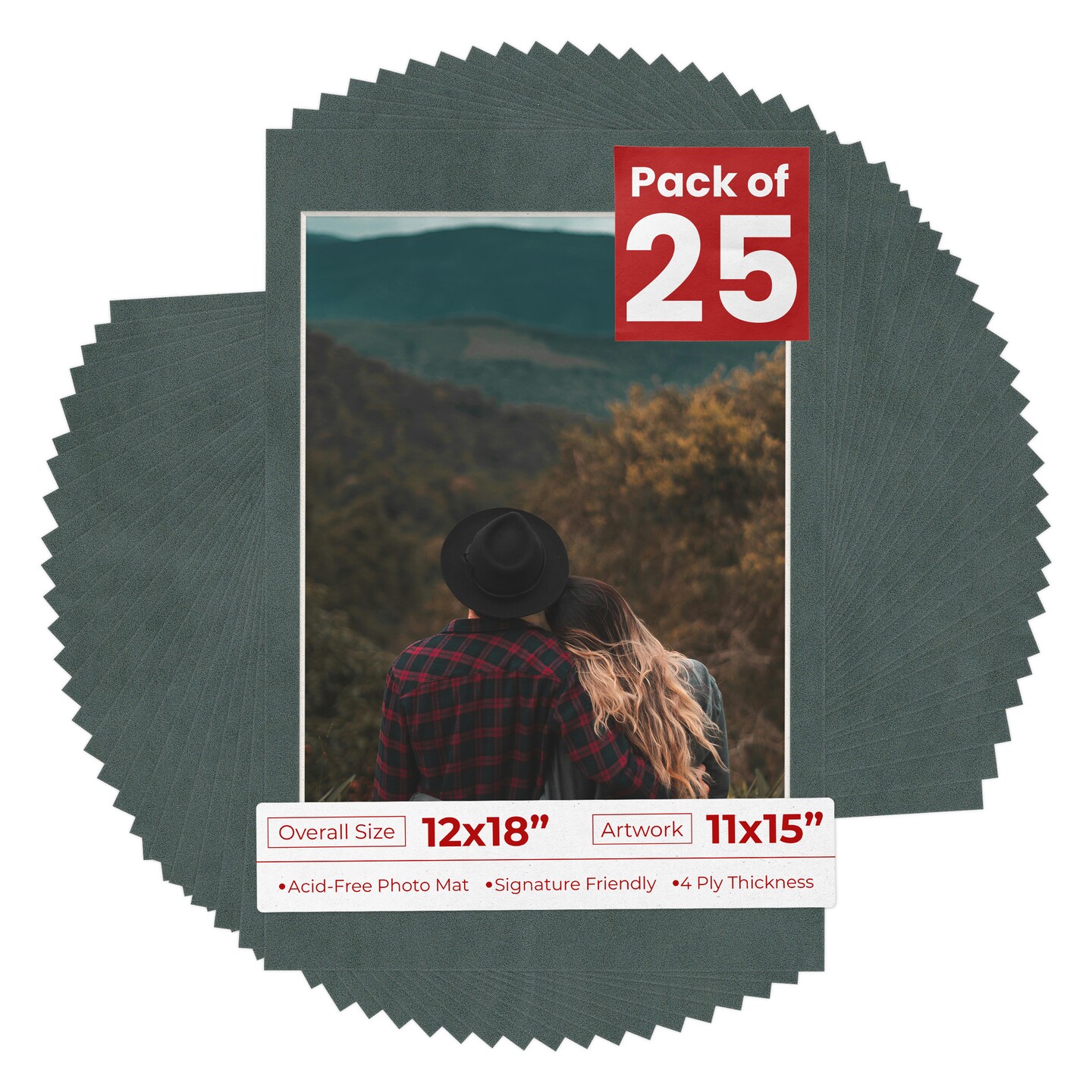 Dark Grey Suede Mat Board for 12x18 Frames - Fits 11x15 Photos