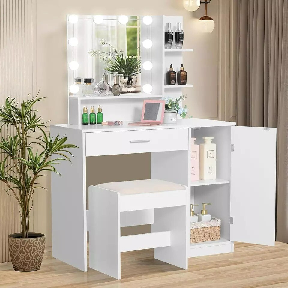 10 Lighted Mirror Makeup Vanity Table Set with Drawer and 3 Shelves + Cabinet