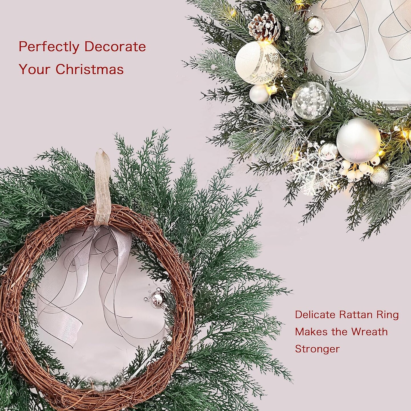 Prelit Christmas Wreath with White Bow and Ball Ornaments