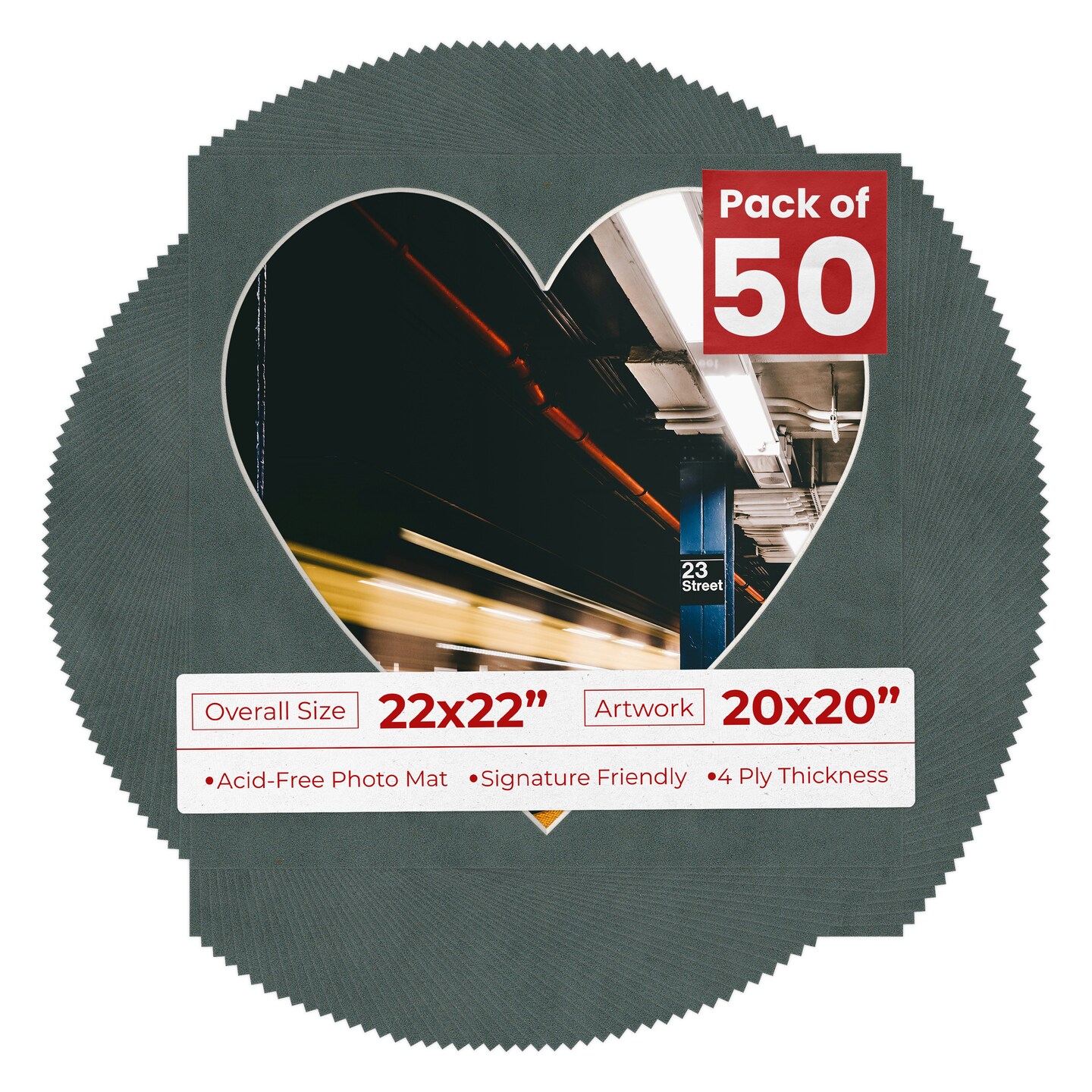 Dark Grey Suede Mat Board for 22x22 Frames - Heart Opening for 20x20 Photos