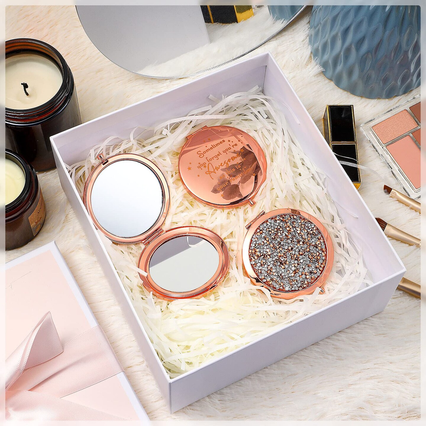 10 Pcs Inspirational Compact Mirror Bulk You're Awesome Reminder Appreciation Gifts for Women Employee Coworker Friends Sisterhood Mothers Day Party Favors Pocket Mirrors (Rose Gold)