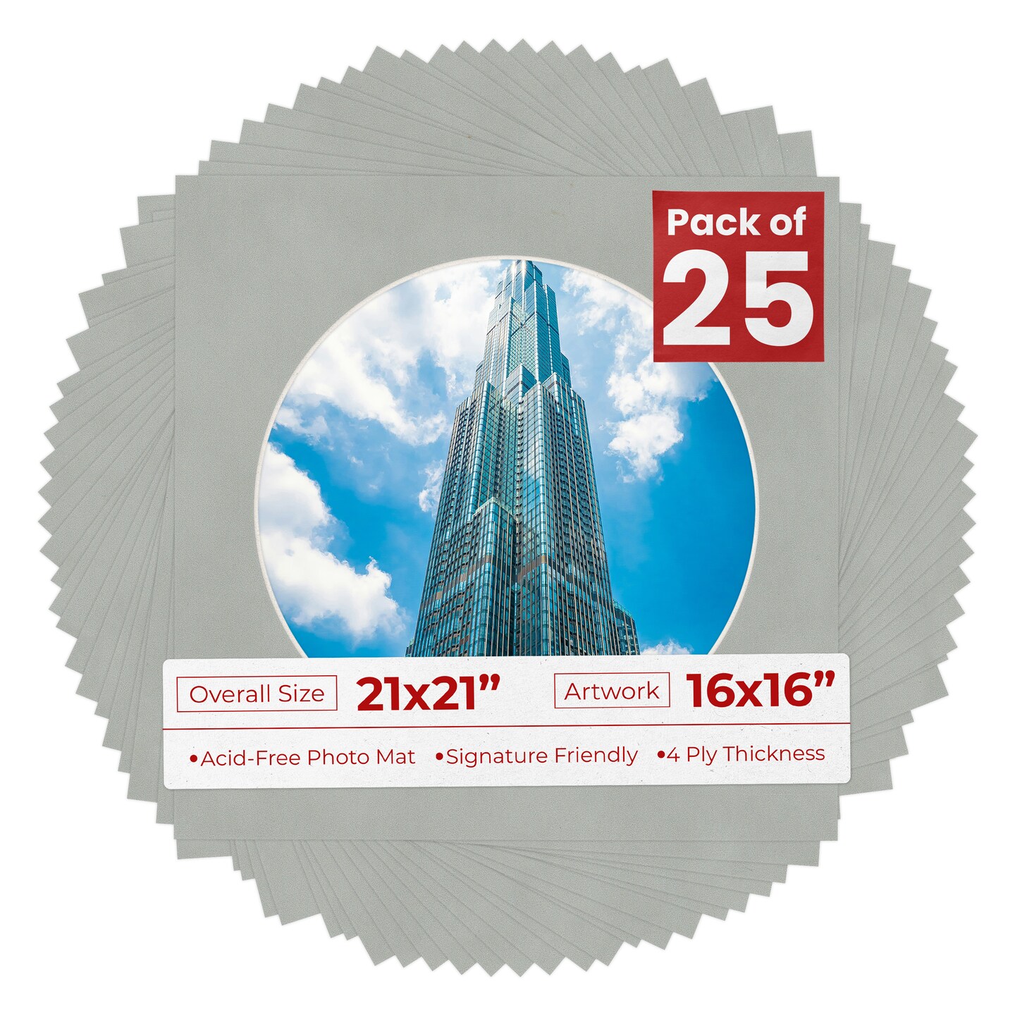 Light Grey Suede Mat Board for 21x21 Frames - Circle Opening for 16x16 Photos