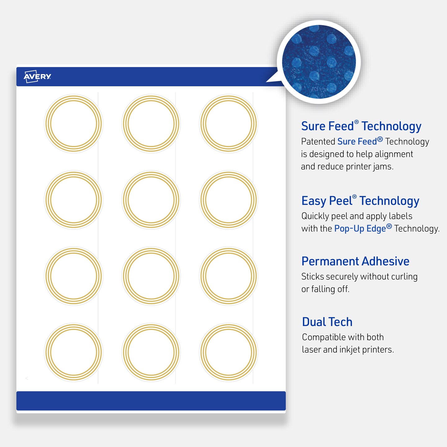 Avery Printable Round Labels with Sure Feed Technology, Multi-Lined Gold Border Design, 2&#x22; Diameter, Glossy White Permanent Labels, Laser/Inkjet, 120 Total, Great for Product Labels