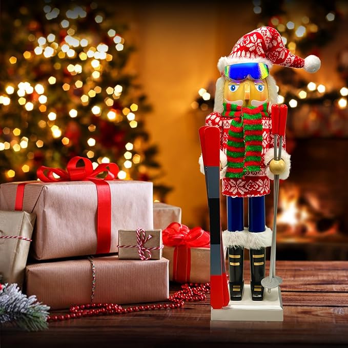 Christmas Nutcracker D&#xE9;cor Figures, 15 inches Skier Wooden Nutcracker Ornaments with Skis and Ski Poles for Kitchen Shelves Tabletop Festival Decorations Gift