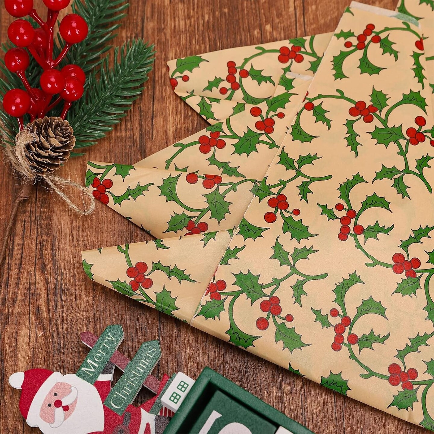 100 Sheets Christmas Tissue Paper Xmas Holy Leaves Red Berries Printed Gift Wrapping Paper Rustic Kraft Art Tissue Paper for Christmas DIY Crafts Gift Bags Winter Party Decor, 13.8 X 19.7&#x22;