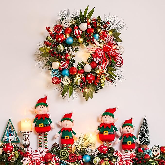 24 Inch Pre-Lit Christmas Wreath for Front Door with Lights, Large Lighted Christmas Wreath with Elf Red Green Xmas Balls for Fireplace Window Outdoor Table Centerpiece Home Decoration