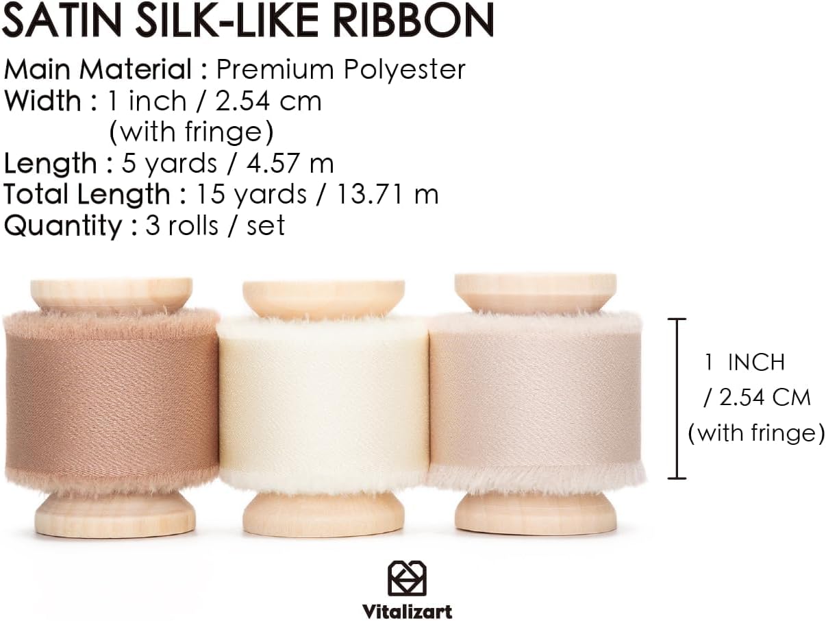 Silk Satin Ribbon 1 Inch x 15 Yard Wooden Spool Champagne & Nude Handmade