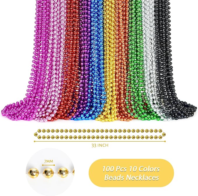 100 Pcs Mardi Gras Beads Necklaces Bulk, 33" 7mm Colorful Metallic Beaded Necklaces, Party Favors Parade Throws Bulk Women Men Party Costume Accessories for Pirate Carnival (10 Colors)