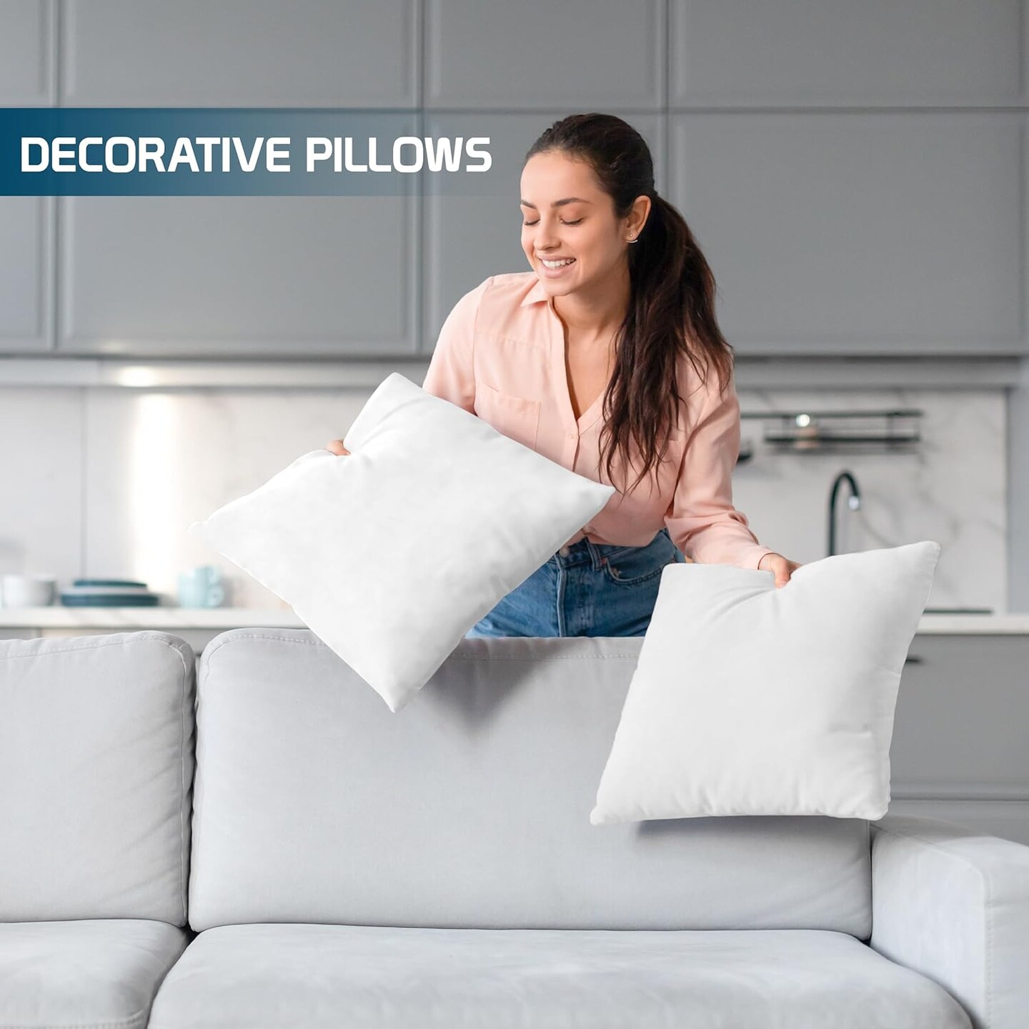 Bedding Throw Pillows (Set of 4, White), 18 x 18 Inches Pillows for Sofa, Bed and Couch Decorative Stuffer Pillow