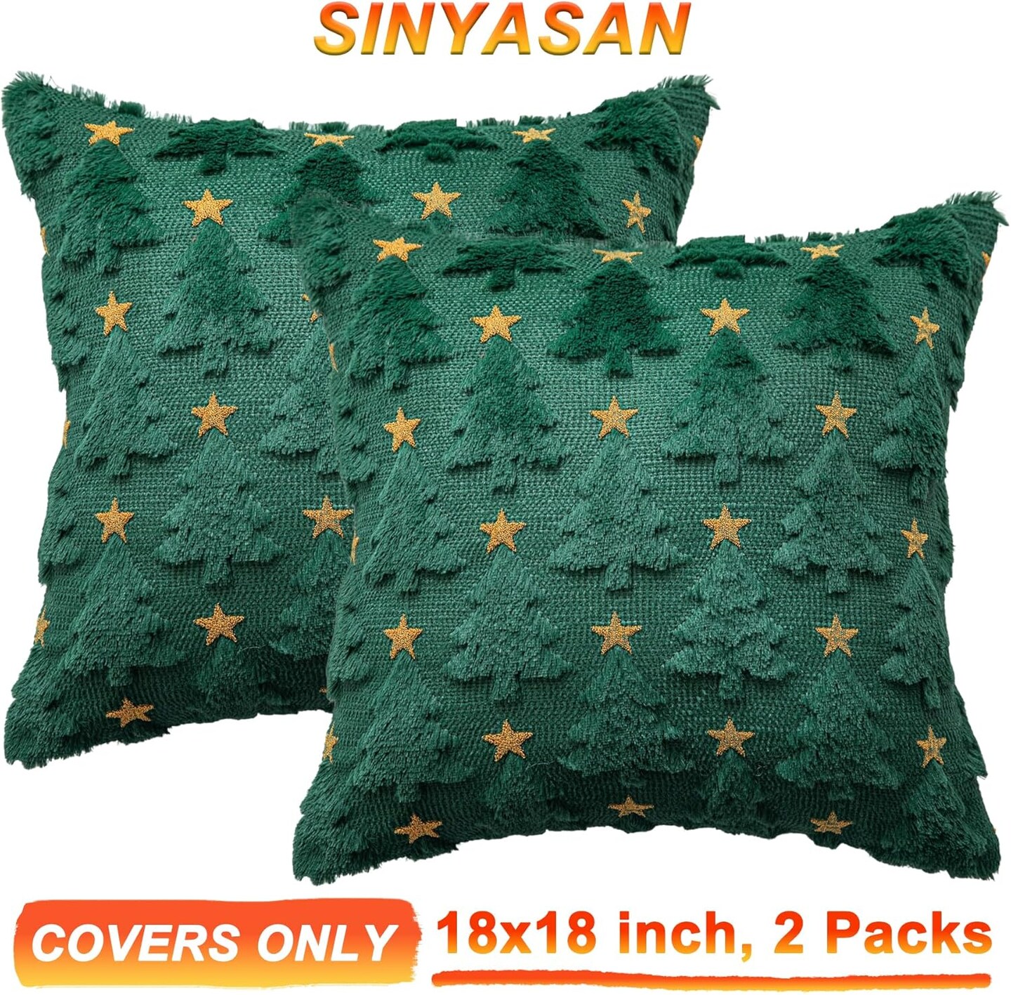 Green Christmas Tree Throw Pillow Covers 18"x18", Star Shaped Embroidered Pillow Covers Winter Soft Plush Embroidery Cushion Covers Decorative Holiday Pillowcases for Thanksgiving Home Decor