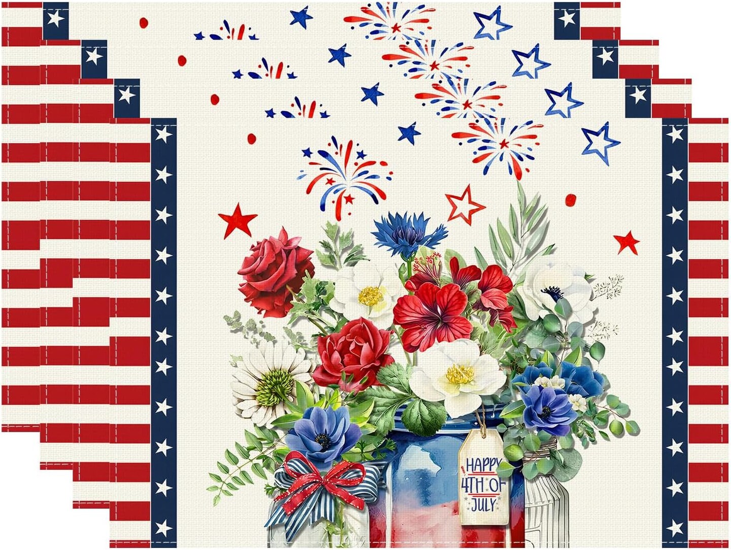 Stripes Colorful Flowers Vases Stars Fireworks Patriotic America 4th of July Memorial Day Independence Day Placemats Set of 4 Table Mats Decorations 12x18 Inch