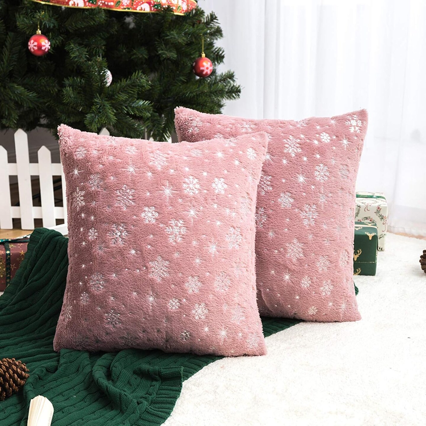 Soft Faux Fur Fuzzy Cute Decorative Throw Pillows Covers with Snowflake Glitter Printed Pillowcases for Christmas Decor Home Bed Room Sofa Chair Couch, Pink 18x18 inch, Pack of 2