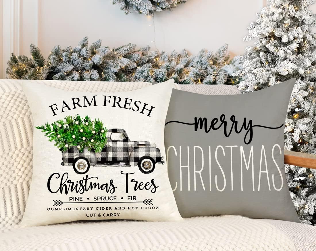 Gray Christmas Pillow Covers 18x18 Set of 4 Farmhouse Decorations Merry Tree Truck Hello Winter Holiday Decor Throw Cushion Case for Home Couch S22C19