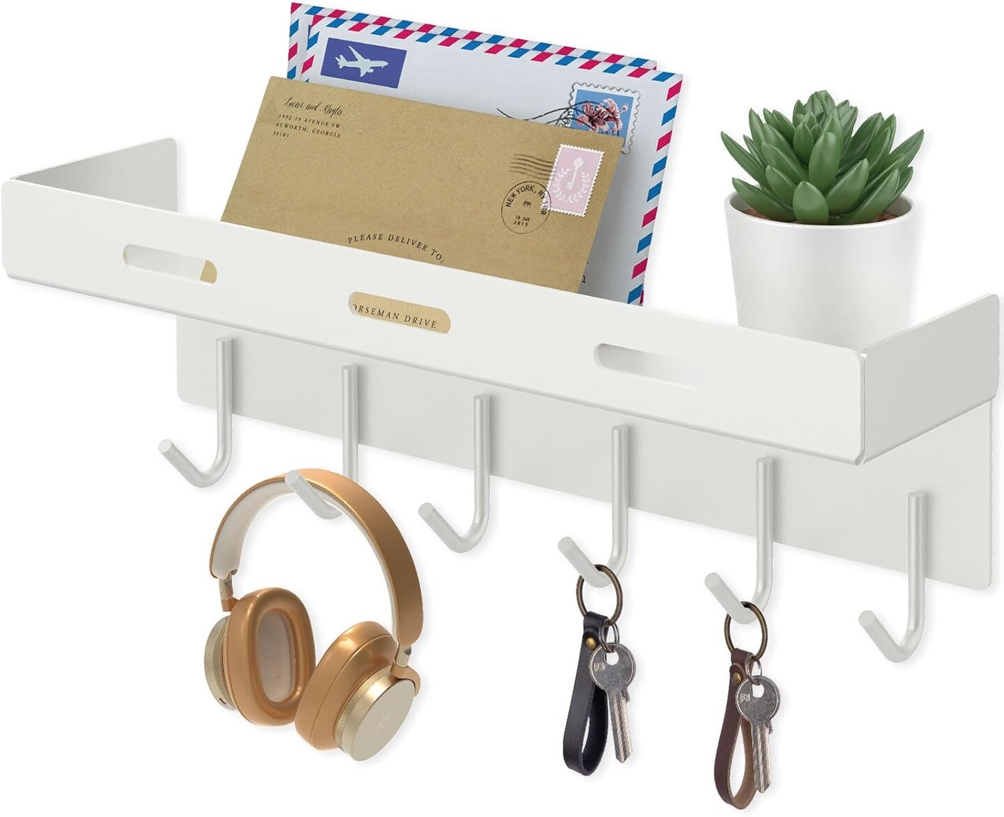 Key Holder Wall Mount, 9.6 Inch Self Adhesive Key Hanger with 6 Hooks, Metal Mail Organizer with Tray for Hallway Kitchen Farmhouse Decor