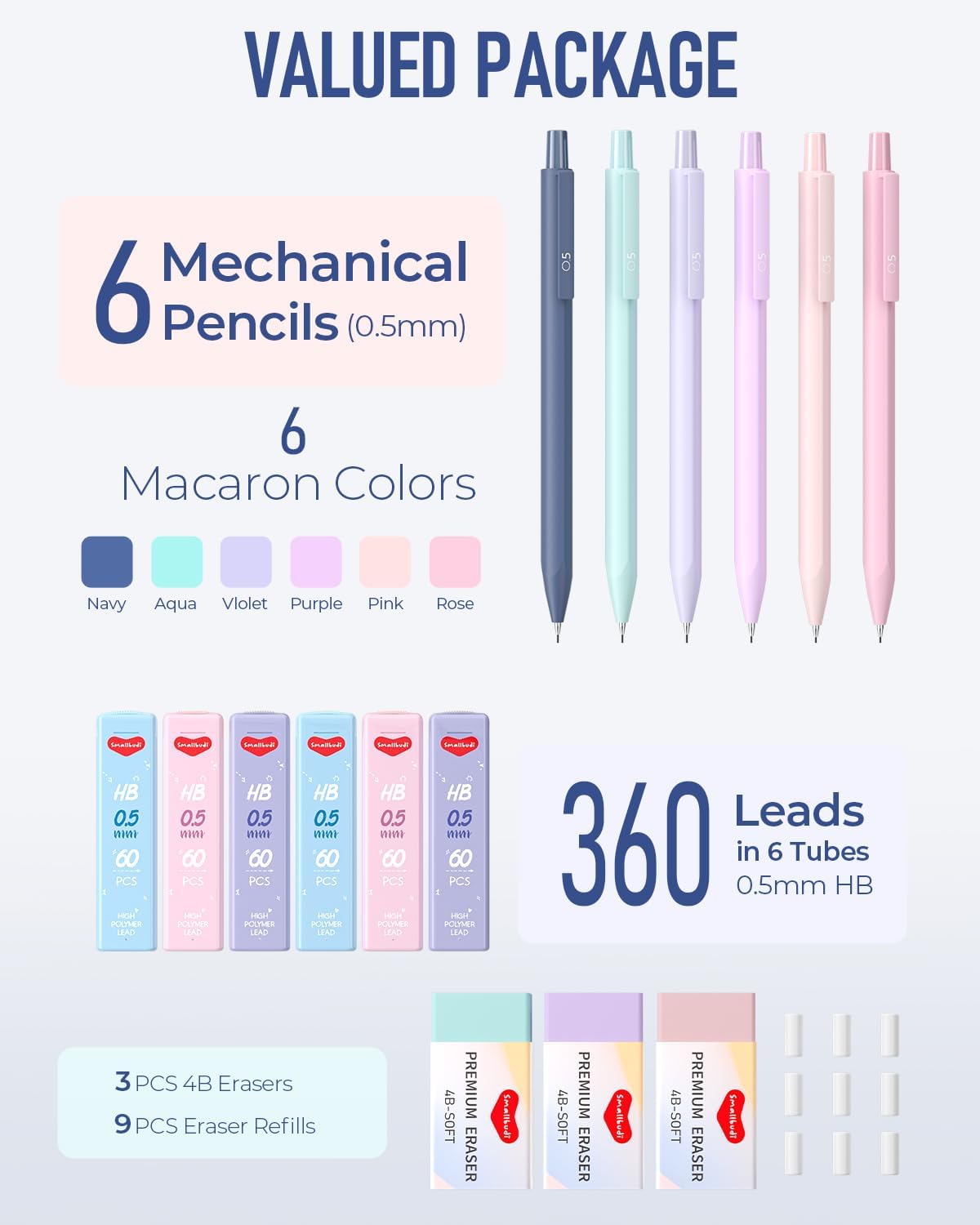 6PCS 0.5mm Mechanical Pencils Set with Case, Cute Pastel Mechanical Pencil with 360PCS HB Lead Refills, 3 Erasers, Aesthetic Back to School Supplies for Student Writing Drawing Sketching
