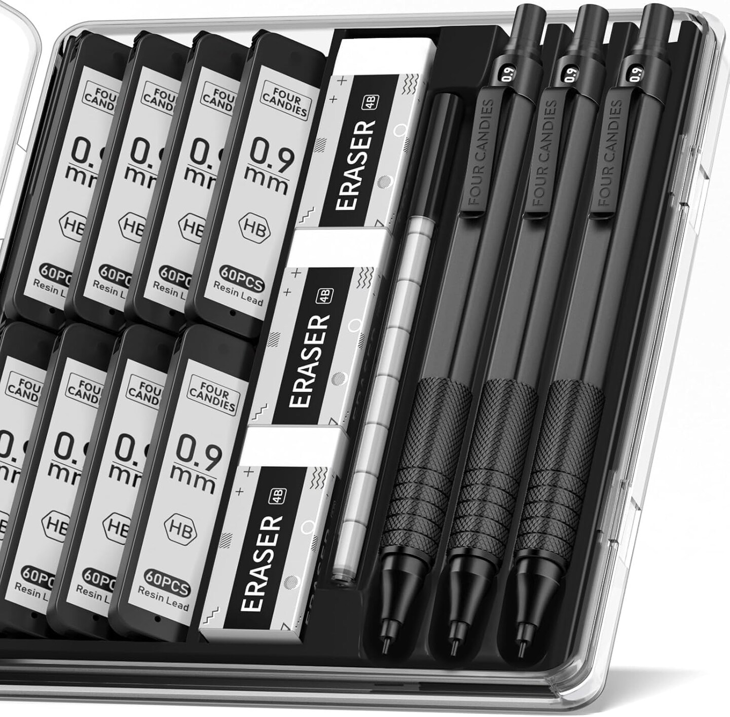 0.9mm Metal Mechanical Pencil Set – 3 Pencils with 480 HB Lead Refills, 3 Erasers & 9 Eraser Refills in Case – Ideal for Art, Drafting, Writing, and Engineering (Black)