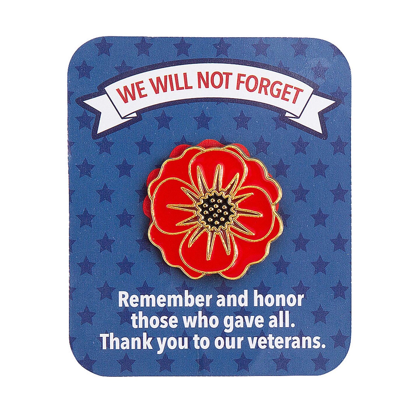 4th of July Patriotic Red Poppy Flower Metal Pins with Card 12 Pieces
