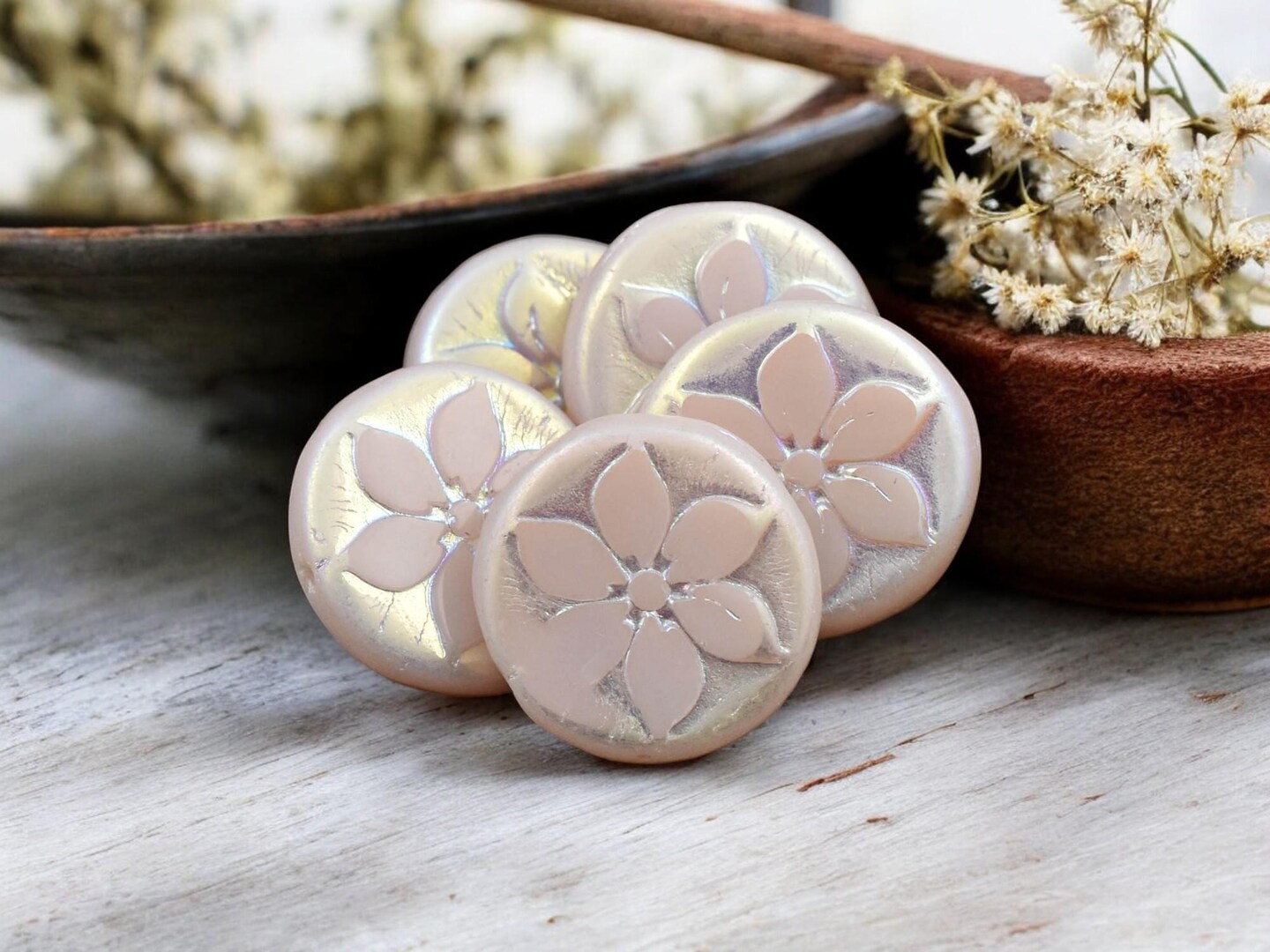 *5* 18mm Rosaline Pink AB Floral Coin Beads