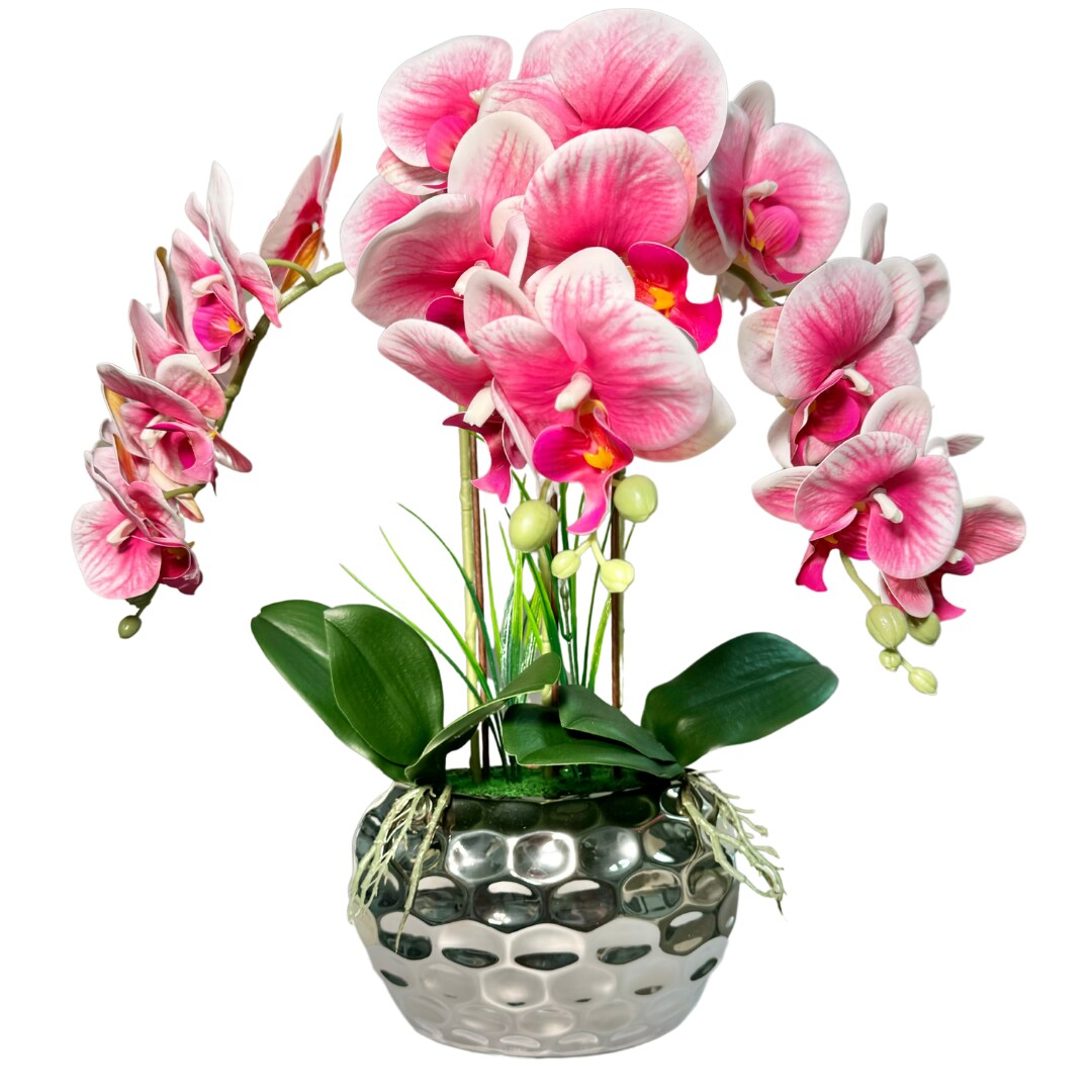 Giulia Real Touch Pink White Orchid Arrangement in Beveled Silver Vase