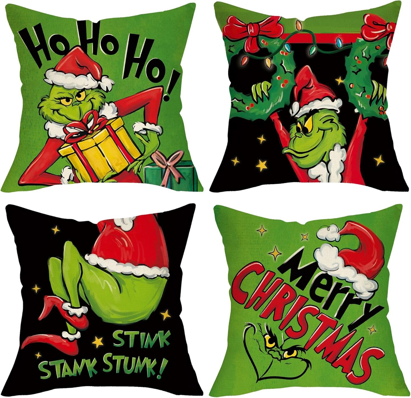 Merry Christmas Decorative Throw Pillow Covers 18x18 Set of 4, Hohoho Xmas Gift Wreath Santa Hat Green Black Porch Outdoor Home Decor, Stink Stank Stunk Winter Holiday Decorations Cushion Case