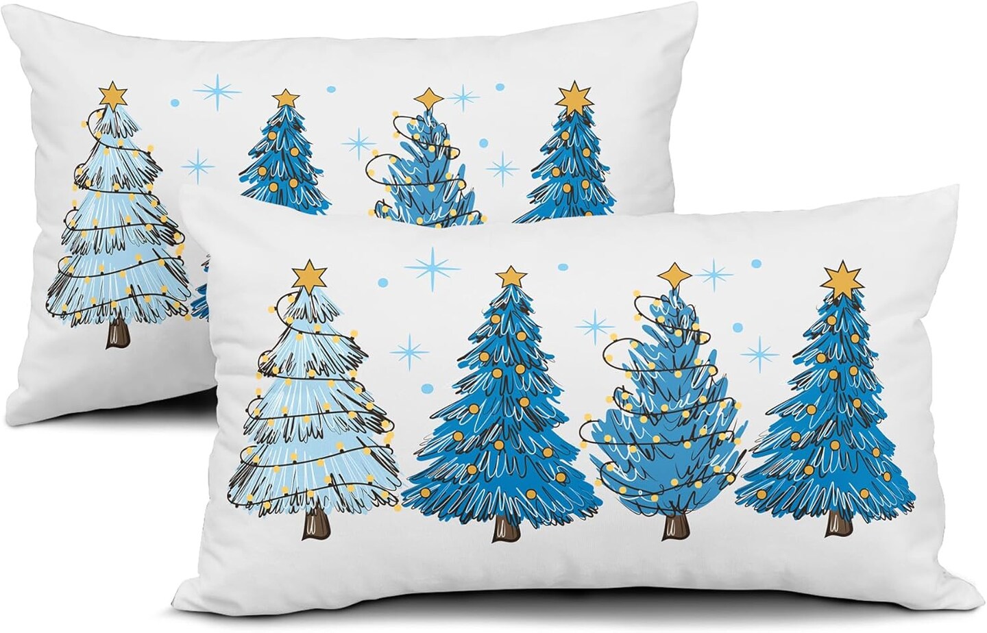 Blue Christmas Tree Lumbar Throw Pillow Covers 12X20 In Set of 2 Xmas Tree Lights Stars Decorative Rectangle Pillow Cases Winter Holiday Pillow Cover Farmhouse Home Decor For Living Room Sofa Couch