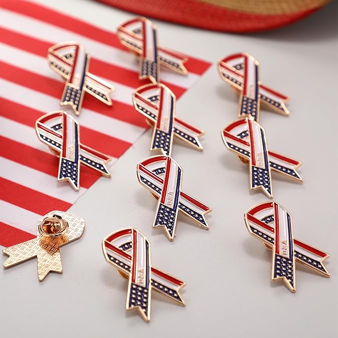 Memorial Day Veteran Gifts USA American Flag Lapel Pins 4th of July Metal Patriotic Ribbon Pins Bulk for Men Women