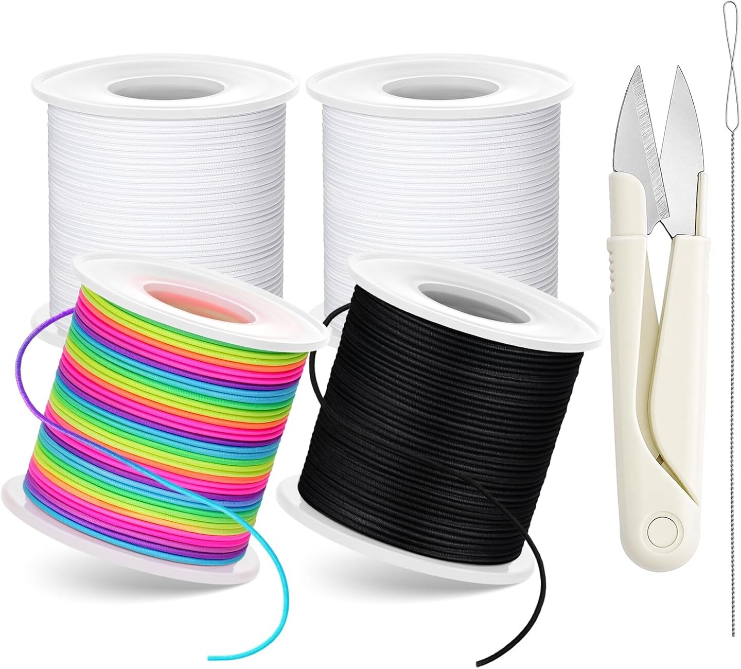 Stretchy Bracelet String Kit – 4 Rolls Elastic Cord (Black, White, Rainbow) with Scissors & Beading Needle, 1mm Elastic Jewelry String for DIY Bracelets, Necklaces, Beading, 660FT Total