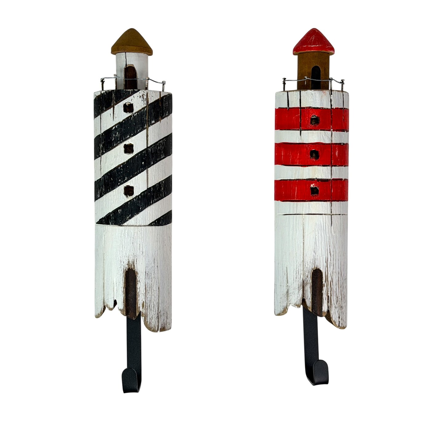 Set of 2 Handcrafted Wood Lighthouse Decorative Wall Hooks Coastal Decor
