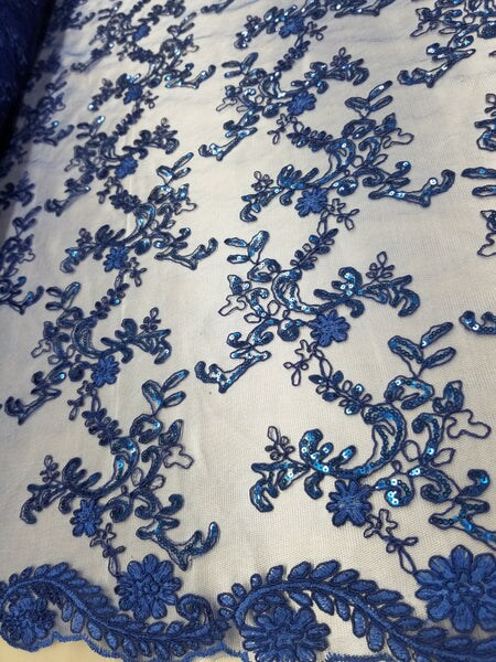 1 Yard Royal Blue Metallic Flowers Sequins Mesh Lace Fabric for Tablecloths and Costumes