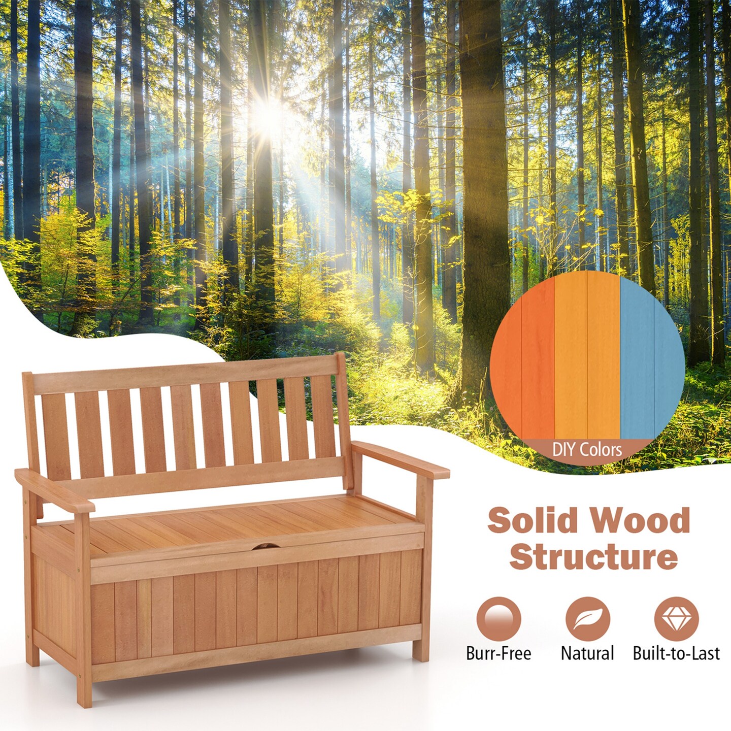 Costway 48 Inch Patio Storage Bench Wood Loveseat with Slatted Backrest for Backyard