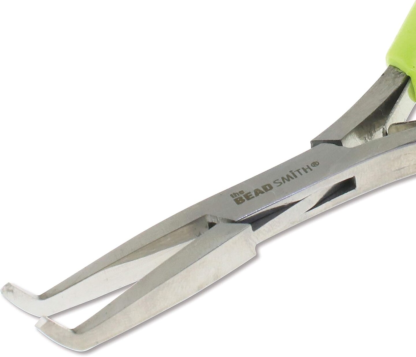 The Beadsmith Micro-Fine Bent Flat Nose Pliers, 5 inches (127mm) with Polished Steel Head, Green PVC Comfort Grip Handle with Double-Leaf Spring, Tool for Jewelry Making