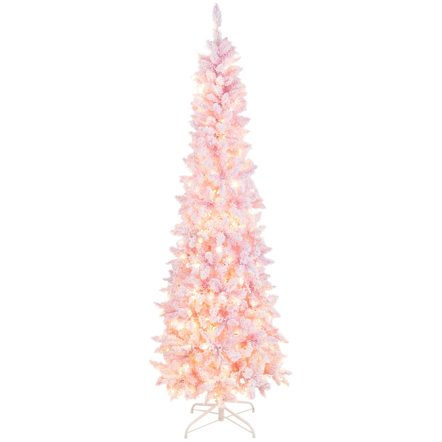 Costway 7FT Pre-Lit Snow Flocked Hinged Pencil Christmas Tree w/ 300 Lights &#x26; 8 Modes