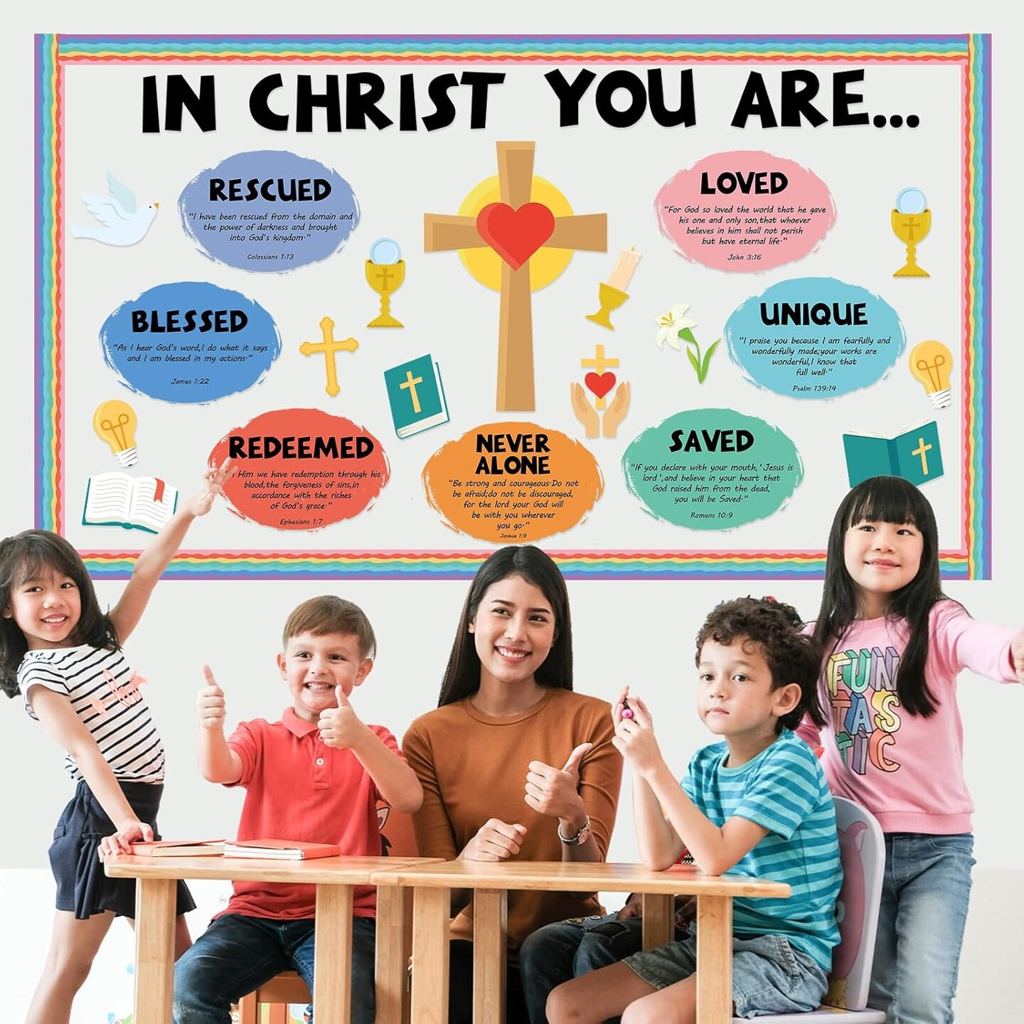 Christian Jesus Bulletin Board Decoration Set Religious Cross Bible Paper Cutouts You are Positive Inspirational Motivational Borders Sunday School Spring Summer VBS Classroom Prayer Board Supplies