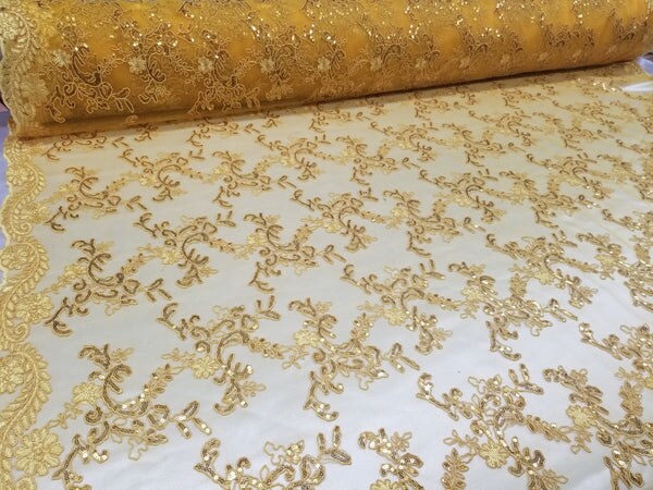 1 Yard Yellow Gold Metallic Flowers Sequins Mesh Lace Fabric for Tablecloths and Costumes