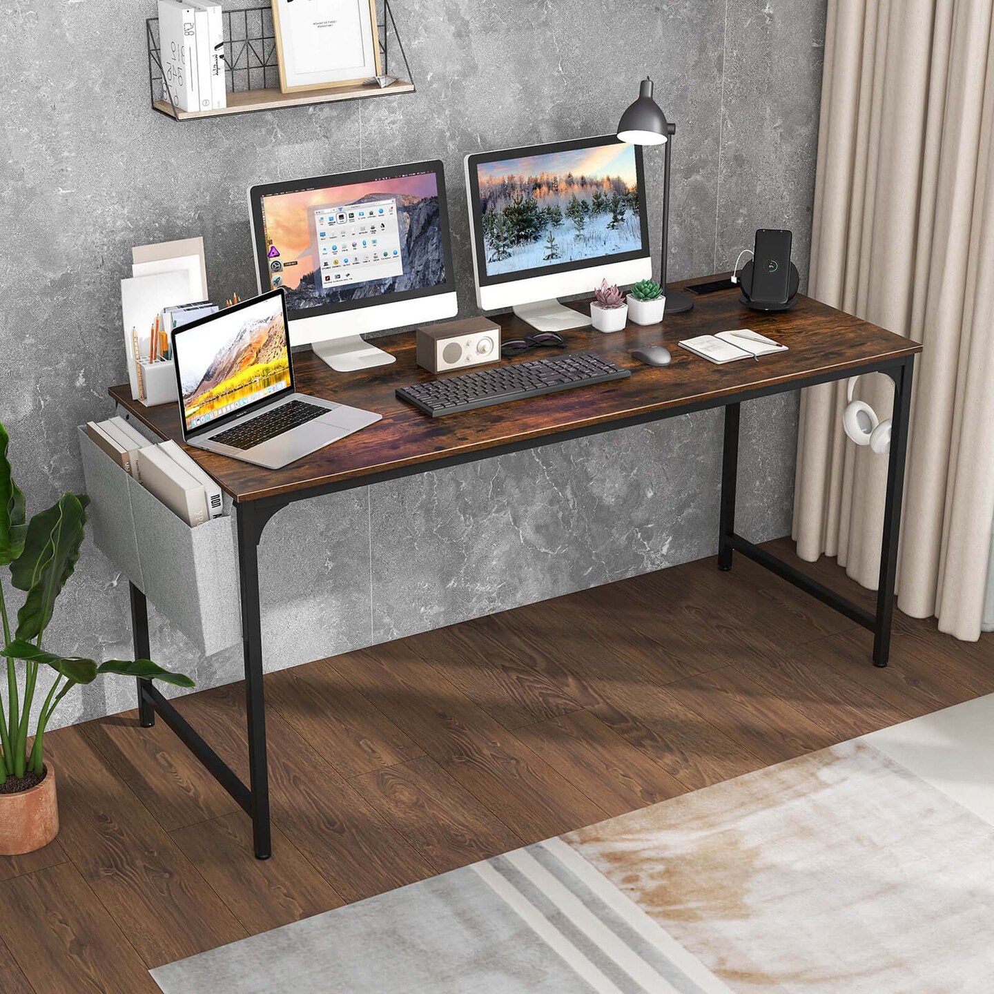Costway 60&#x22; Modern Computer Desk with Charging Station with Storage Bag &#x26; Headphone Hook Borwn