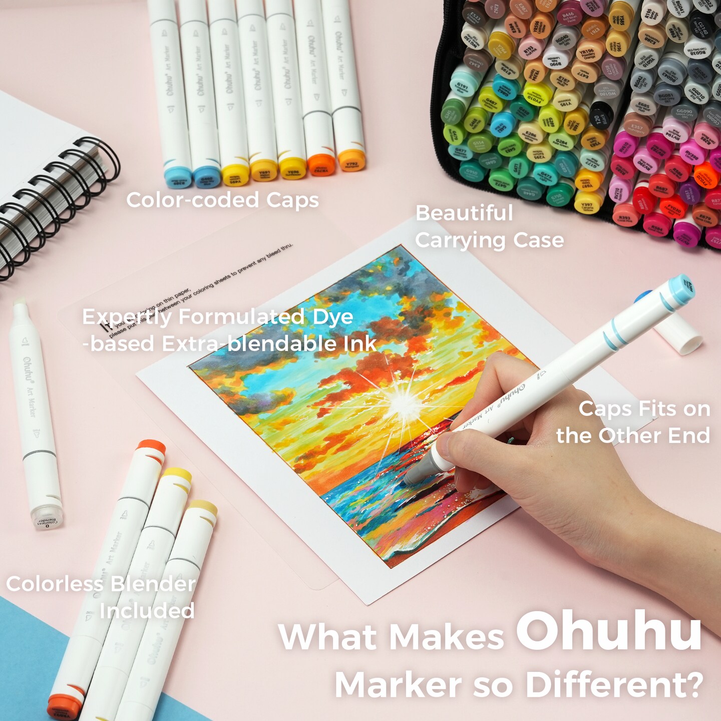 Ohuhu Oahu 200 Colors Alcohol-Based Markers - Dual Tip Chisel &#x26; Fine