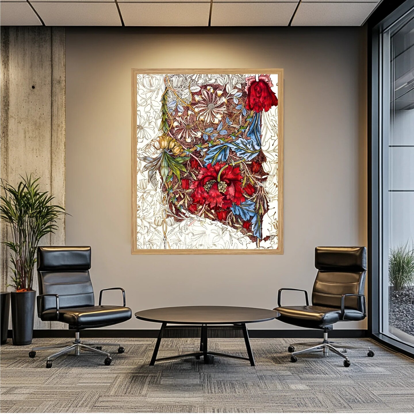 Large Framed Corporate Office Decor Wall Art Canvas 40x60 Inch - William Morris - Red White