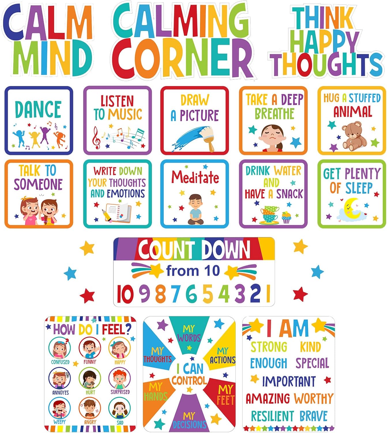 Calm Down Corner Bulletin Board Set for Classroom (Bright Colors)