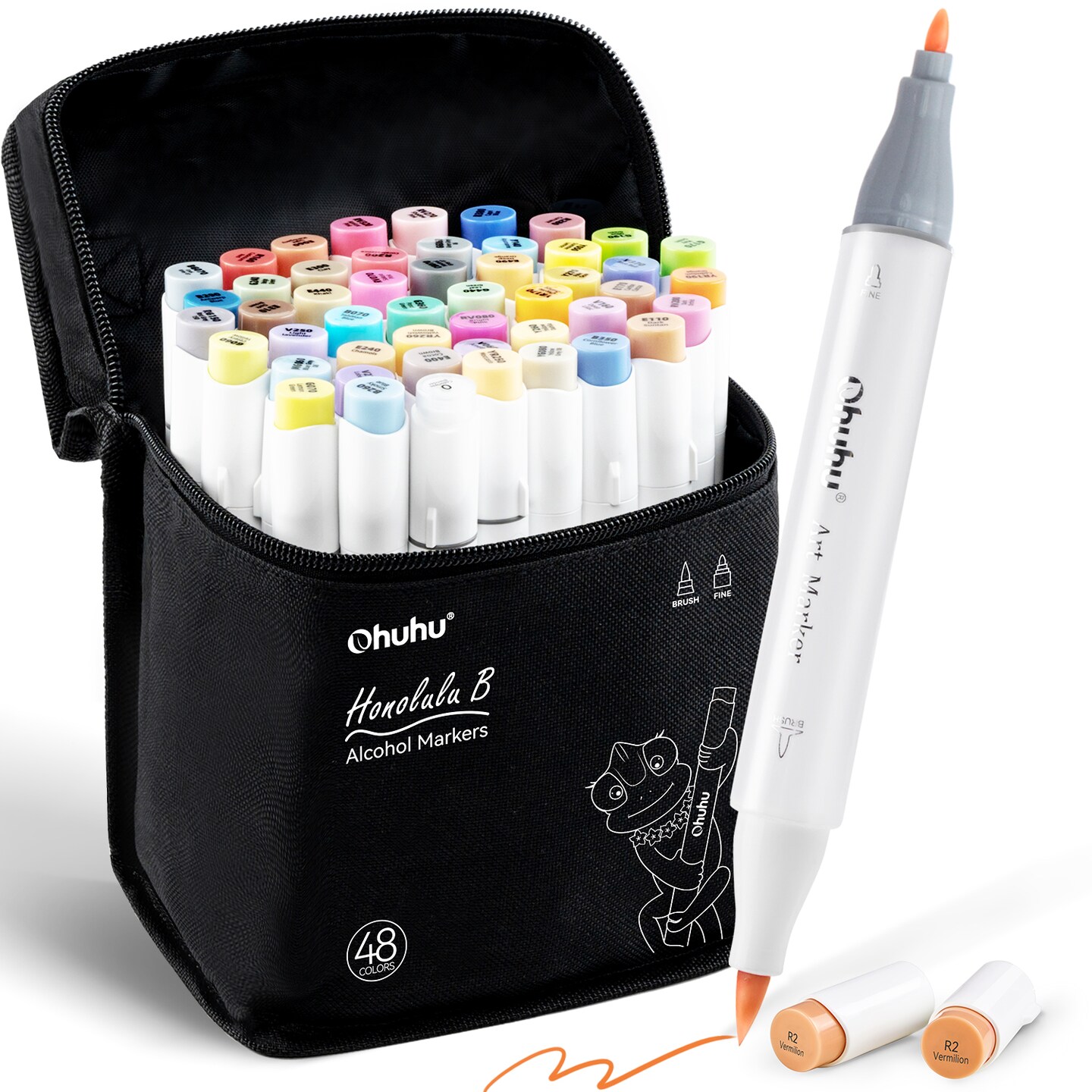 Ohuhu Honolulu B 48 Mid-tone Colors Alcohol-Based Markers - Dual Tip Brush &#x26; Fine