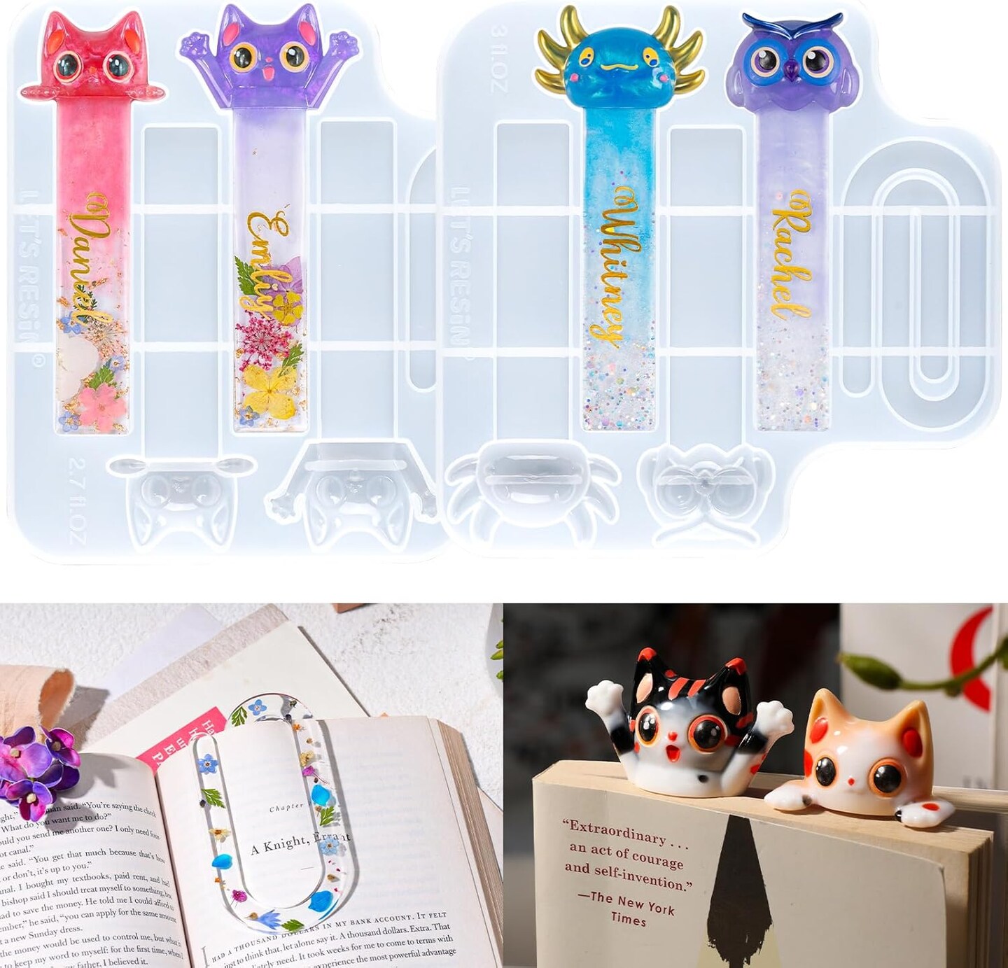 LET&#x2019;S Resin Bookmark Resin Molds Silicone, Cute 3D Animal Bookmark Silicone Molds for Epoxy Resina with Paperclip Pattern 3mm Thin,Small Bookmarks Molds for UV Resin Crafts,Gifts for Book Lovers