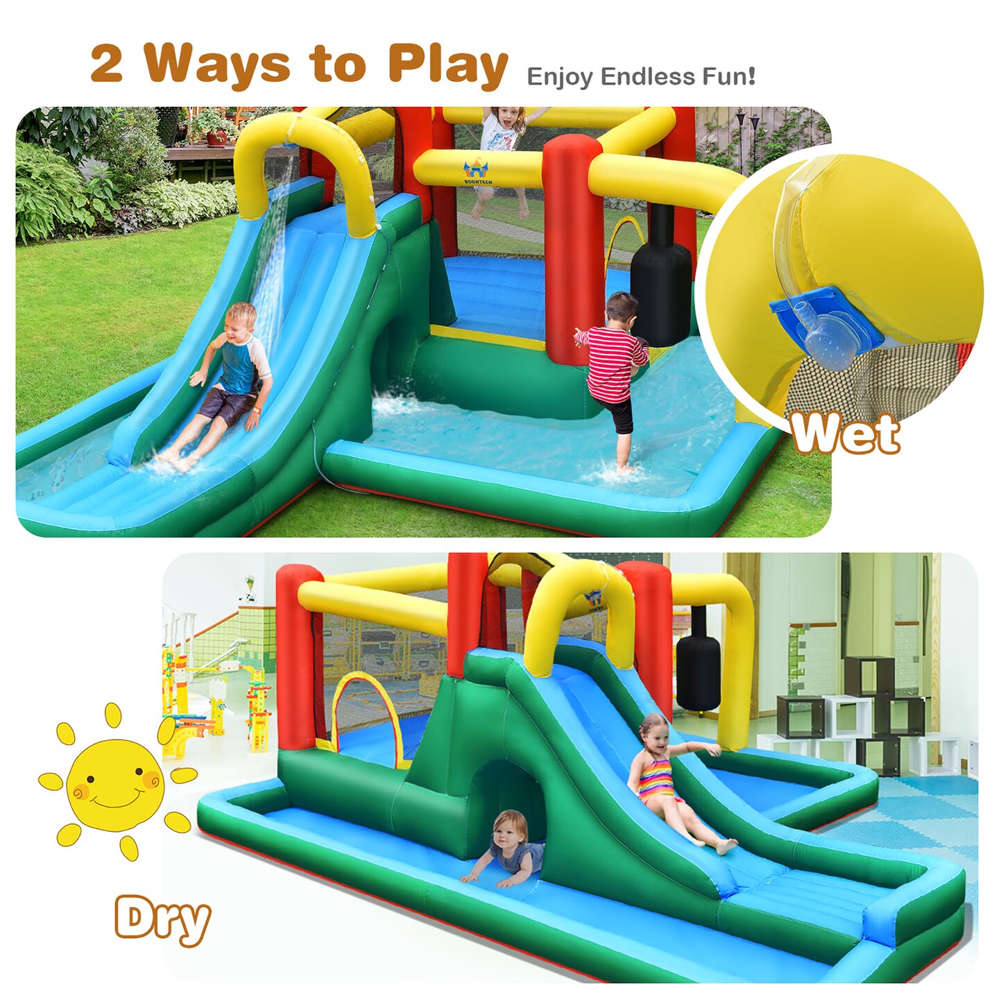 Costway Slide Water Park Climbing Bouncer Pendulum Tunnel Game without/with 735W Blower