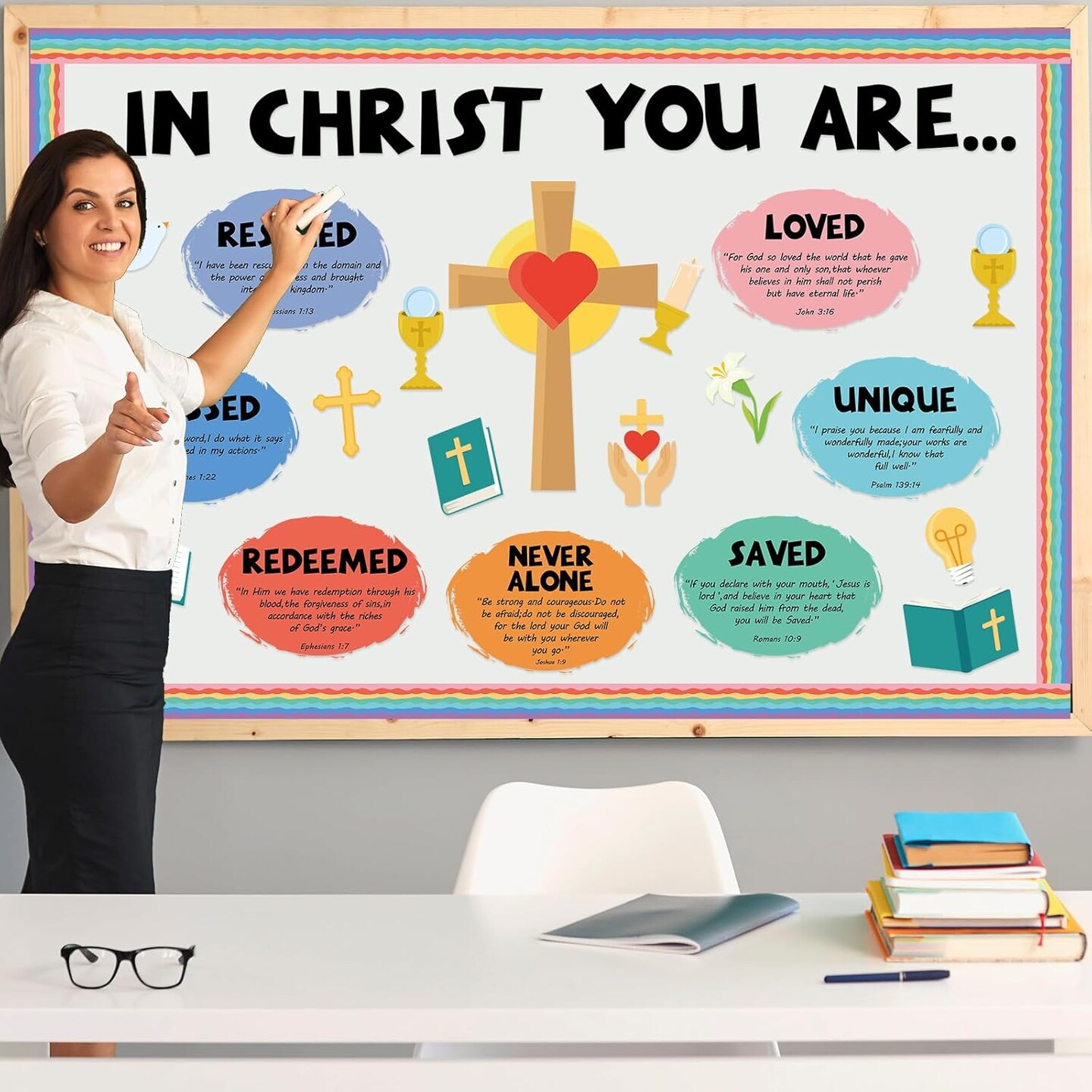 Christian Jesus Bulletin Board Decoration Set Religious Cross Bible Paper Cutouts You are Positive Inspirational Motivational Borders Sunday School Spring Summer VBS Classroom Prayer Board Supplies