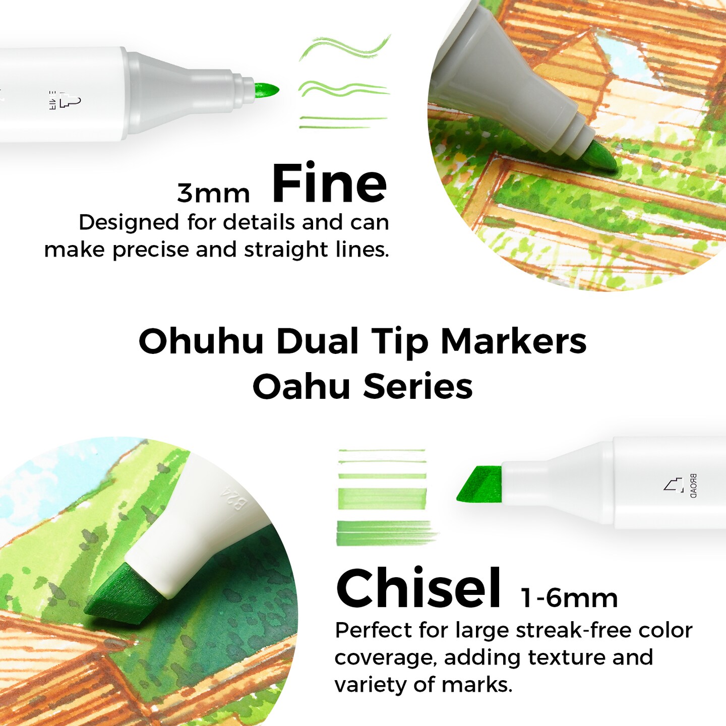 Ohuhu Oahu 100 Colors Alcohol-Based Markers - Dual Tip Chisel &#x26; Fine