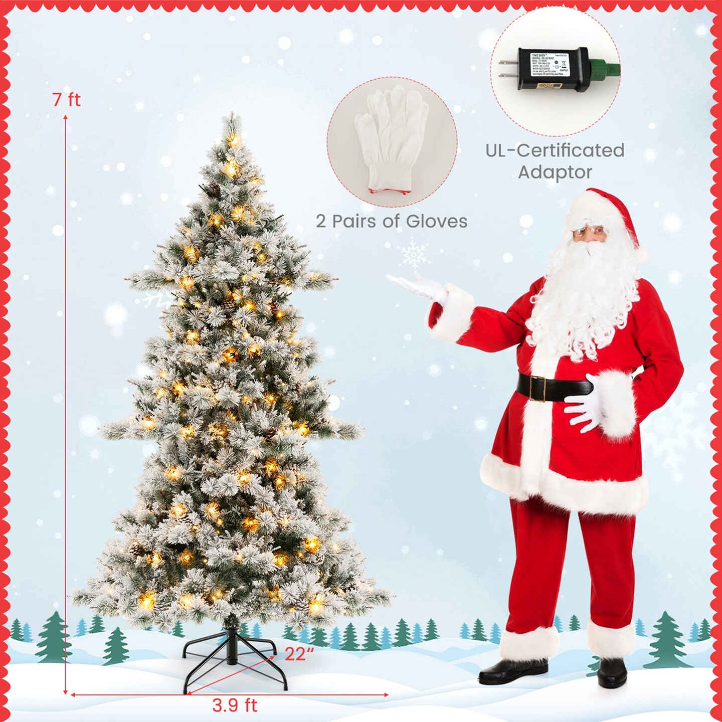 Costway 7 FT Flocked Christmas Tree Hinged Xmas Decoration with 420 LED Lights &#x26; 1057 Tips